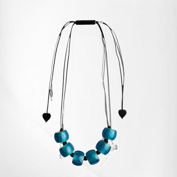 Style and Grace BELLISSIMA GBLU adjustable necklace featuring chunky blue square beads on a black cord