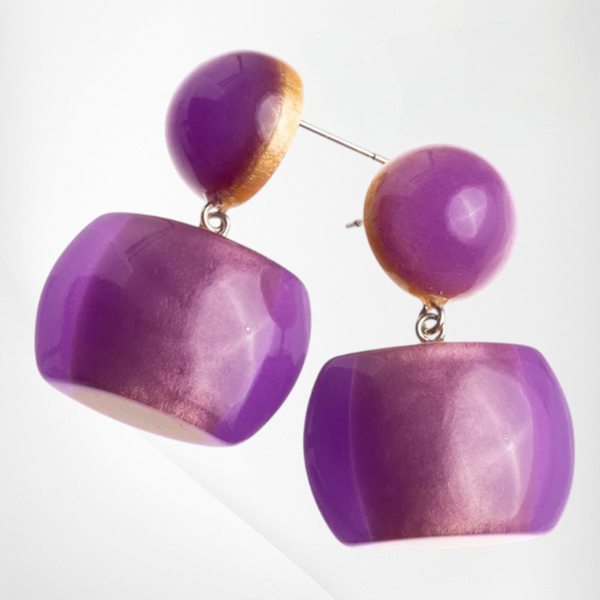 Style and Grace BELLISSIMA purple resin drop earrings with short hooks and gold-tone accents, 2cm length