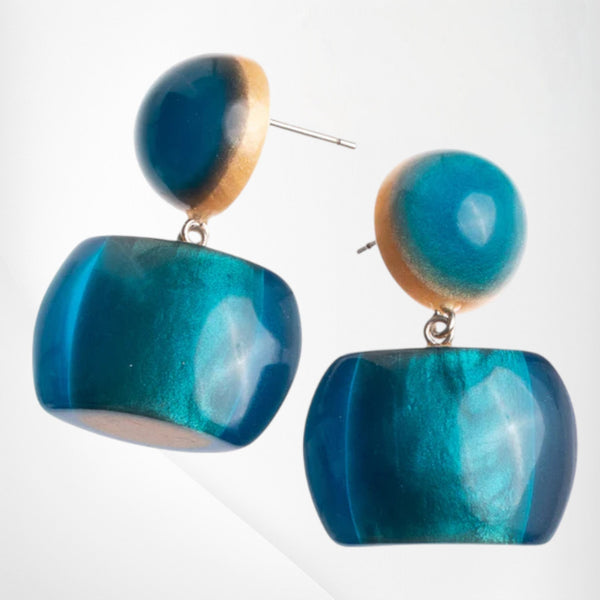 Style and Grace BELLISSIMA GBLU short hook earrings featuring glossy teal blue resin beads with gold-tone accents.