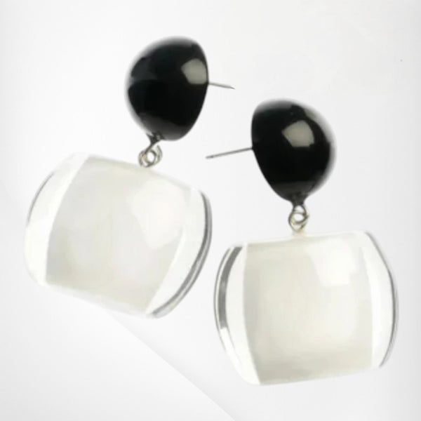 Style and Grace BELLISSIMA white and black stud earrings with a 2cm clear resin cube design
