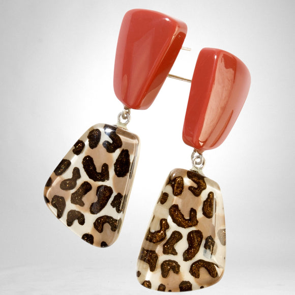 Style and Grace NINA drop earrings featuring pink resin tops and translucent leopard print resin drops.