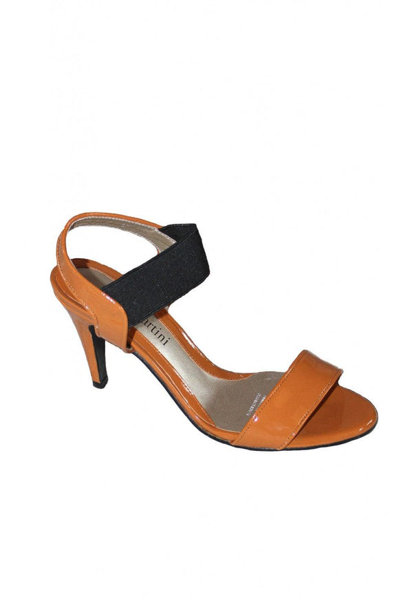 Tan Patent and Black Elastic Mina Martini Sandal Heel Style and Grace